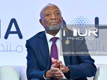 Nangolo Mbumba, President of Namibia, participates in a panel discussion during the Doha Forum 2024 at Sheraton Grand Doha Resort & Conventi...