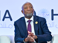 Nangolo Mbumba, President of Namibia, participates in a panel discussion during the Doha Forum 2024 at Sheraton Grand Doha Resort & Conventi...