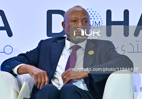 Nangolo Mbumba, President of Namibia, participates in a panel discussion during the Doha Forum 2024 at Sheraton Grand Doha Resort & Conventi...