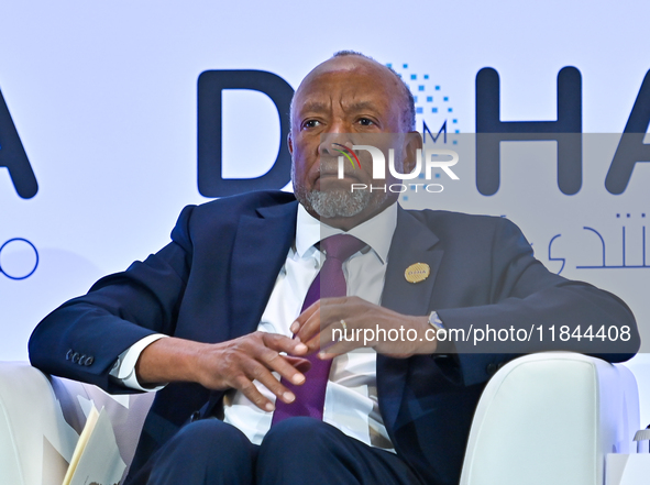 Nangolo Mbumba, President of Namibia, participates in a panel discussion during the Doha Forum 2024 at Sheraton Grand Doha Resort & Conventi...