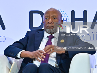 Nangolo Mbumba, President of Namibia, participates in a panel discussion during the Doha Forum 2024 at Sheraton Grand Doha Resort & Conventi...