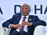 Nangolo Mbumba, President of Namibia, participates in a panel discussion during the Doha Forum 2024 at Sheraton Grand Doha Resort & Conventi...