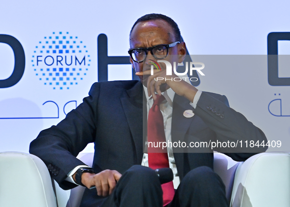 Paul Kagame, President of Rwanda, takes part in a panel discussion during the Doha Forum 2024 at Sheraton Grand Doha Resort & Convention Hot...