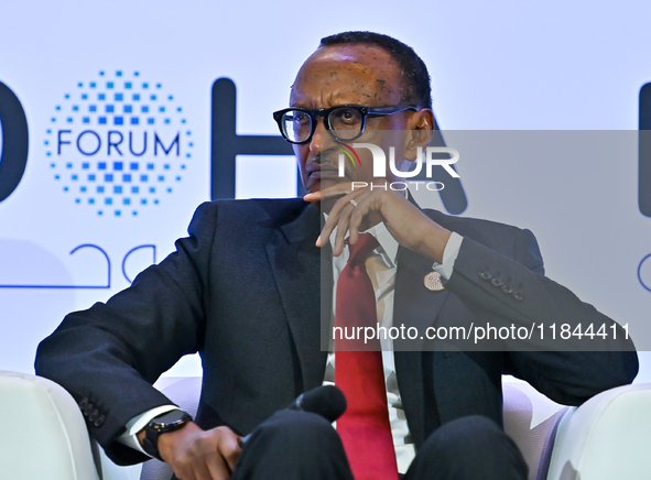 Paul Kagame, President of Rwanda, takes part in a panel discussion during the Doha Forum 2024 at Sheraton Grand Doha Resort & Convention Hot...