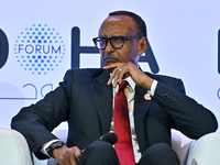 Paul Kagame, President of Rwanda, takes part in a panel discussion during the Doha Forum 2024 at Sheraton Grand Doha Resort & Convention Hot...