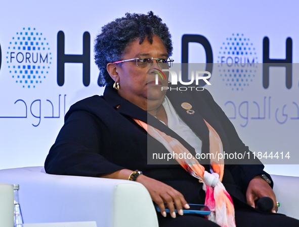 Mia Mottley, Prime Minister of Barbados, takes part in a panel discussion during the Doha Forum 2024 at Sheraton Grand Doha Resort & Convent...