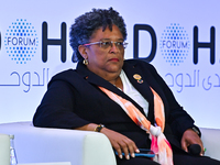 Mia Mottley, Prime Minister of Barbados, takes part in a panel discussion during the Doha Forum 2024 at Sheraton Grand Doha Resort & Convent...