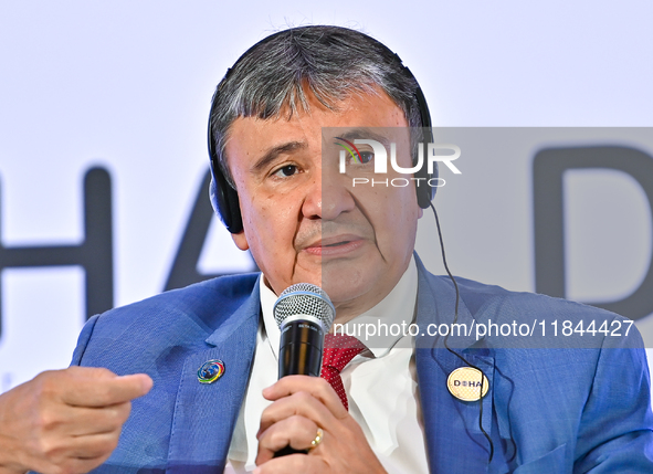 Wellington Dias, Minister for Development and Social Assistance, Family of Brazil, takes part in a panel discussion during the Doha Forum 20...