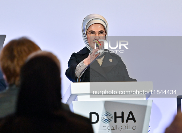 Turkish First Lady Emine Erdogan delivers a speech during the Doha Forum 2024 at Sheraton Grand Doha Resort & Convention Hotel ahead of the...