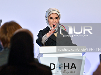 Turkish First Lady Emine Erdogan delivers a speech during the Doha Forum 2024 at Sheraton Grand Doha Resort & Convention Hotel ahead of the...