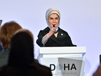 Turkish First Lady Emine Erdogan delivers a speech during the Doha Forum 2024 at Sheraton Grand Doha Resort & Convention Hotel ahead of the...