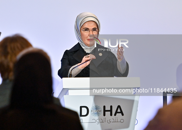 Turkish First Lady Emine Erdogan delivers a speech during the Doha Forum 2024 at Sheraton Grand Doha Resort & Convention Hotel ahead of the...