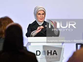 Turkish First Lady Emine Erdogan delivers a speech during the Doha Forum 2024 at Sheraton Grand Doha Resort & Convention Hotel ahead of the...