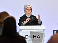 Turkish First Lady Emine Erdogan delivers a speech during the Doha Forum 2024 at Sheraton Grand Doha Resort & Convention Hotel ahead of the...