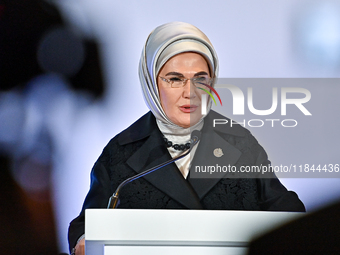 Turkish First Lady Emine Erdogan delivers a speech during the Doha Forum 2024 at Sheraton Grand Doha Resort & Convention Hotel ahead of the...