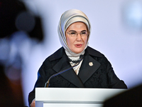 Turkish First Lady Emine Erdogan delivers a speech during the Doha Forum 2024 at Sheraton Grand Doha Resort & Convention Hotel ahead of the...