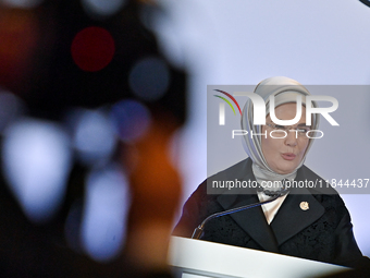 Turkish First Lady Emine Erdogan delivers a speech during the Doha Forum 2024 at Sheraton Grand Doha Resort & Convention Hotel ahead of the...