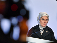 Turkish First Lady Emine Erdogan delivers a speech during the Doha Forum 2024 at Sheraton Grand Doha Resort & Convention Hotel ahead of the...