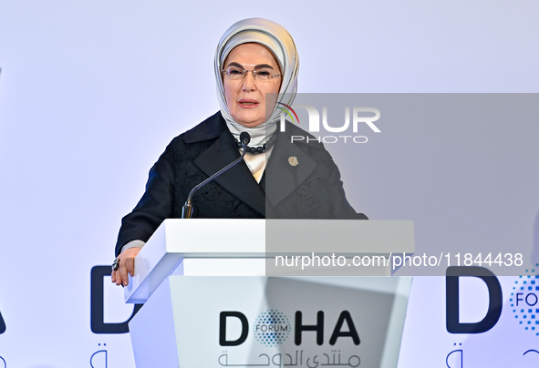 Turkish First Lady Emine Erdogan delivers a speech during the Doha Forum 2024 at Sheraton Grand Doha Resort & Convention Hotel ahead of the...