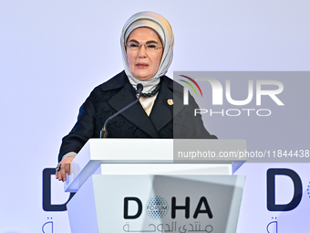 Turkish First Lady Emine Erdogan delivers a speech during the Doha Forum 2024 at Sheraton Grand Doha Resort & Convention Hotel ahead of the...