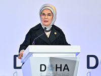 Turkish First Lady Emine Erdogan delivers a speech during the Doha Forum 2024 at Sheraton Grand Doha Resort & Convention Hotel ahead of the...