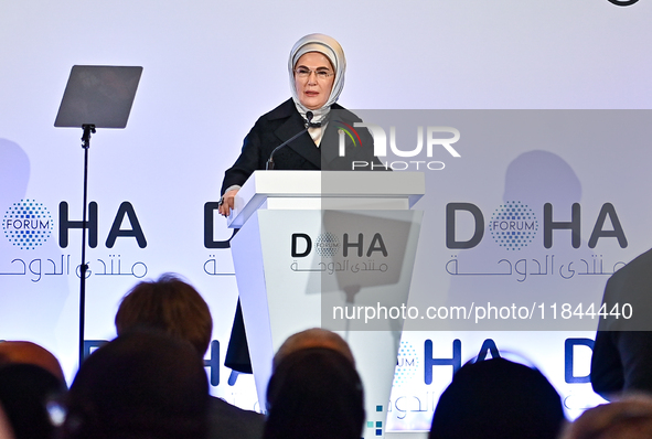 Turkish First Lady Emine Erdogan delivers a speech during the Doha Forum 2024 at Sheraton Grand Doha Resort & Convention Hotel ahead of the...