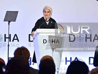 Turkish First Lady Emine Erdogan delivers a speech during the Doha Forum 2024 at Sheraton Grand Doha Resort & Convention Hotel ahead of the...