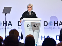 Turkish First Lady Emine Erdogan delivers a speech during the Doha Forum 2024 at Sheraton Grand Doha Resort & Convention Hotel ahead of the...