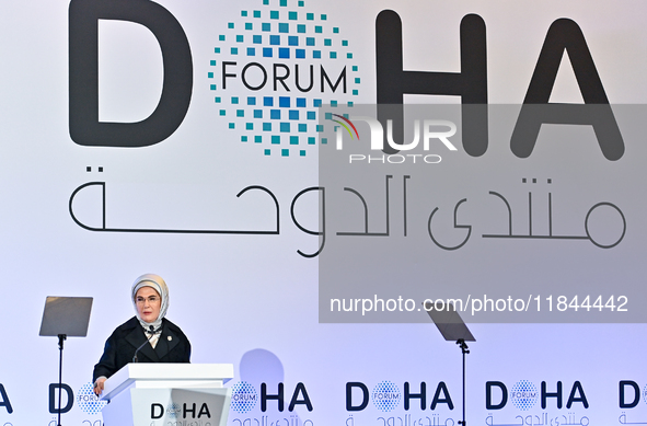 Turkish First Lady Emine Erdogan delivers a speech during the Doha Forum 2024 at Sheraton Grand Doha Resort & Convention Hotel ahead of the...