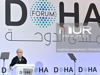 Turkish First Lady Emine Erdogan delivers a speech during the Doha Forum 2024 at Sheraton Grand Doha Resort & Convention Hotel ahead of the...