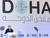 Turkish First Lady Emine Erdogan delivers a speech during the Doha Forum 2024 at Sheraton Grand Doha Resort & Convention Hotel ahead of the...