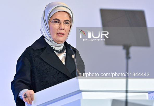 Turkish First Lady Emine Erdogan delivers a speech during the Doha Forum 2024 at Sheraton Grand Doha Resort & Convention Hotel ahead of the...