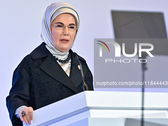 Turkish First Lady Emine Erdogan delivers a speech during the Doha Forum 2024 at Sheraton Grand Doha Resort & Convention Hotel ahead of the...