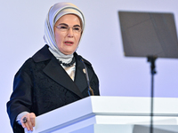 Turkish First Lady Emine Erdogan delivers a speech during the Doha Forum 2024 at Sheraton Grand Doha Resort & Convention Hotel ahead of the...