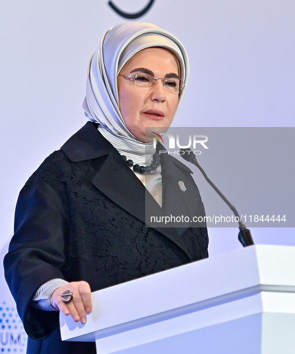 Turkish First Lady Emine Erdogan delivers a speech during the Doha Forum 2024 at Sheraton Grand Doha Resort & Convention Hotel ahead of the...