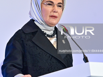 Turkish First Lady Emine Erdogan delivers a speech during the Doha Forum 2024 at Sheraton Grand Doha Resort & Convention Hotel ahead of the...