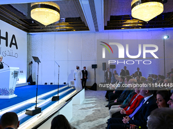 Turkish First Lady Emine Erdogan delivers a speech during the Doha Forum 2024 at Sheraton Grand Doha Resort & Convention Hotel ahead of the...