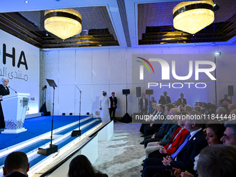 Turkish First Lady Emine Erdogan delivers a speech during the Doha Forum 2024 at Sheraton Grand Doha Resort & Convention Hotel ahead of the...