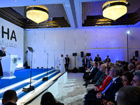 Turkish First Lady Emine Erdogan delivers a speech during the Doha Forum 2024 at Sheraton Grand Doha Resort & Convention Hotel ahead of the...