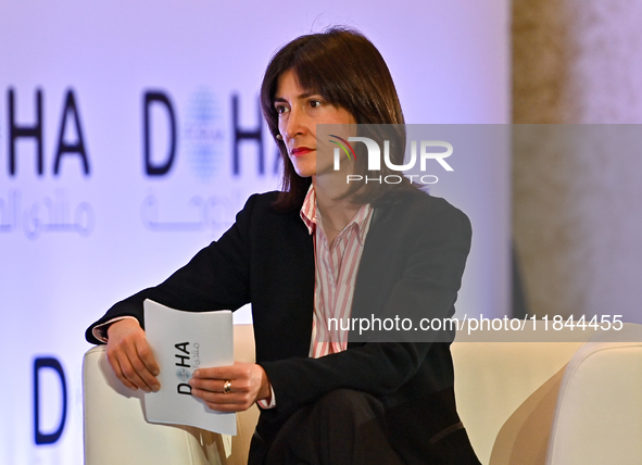 Marie Forestier, Senior Advisor at the European Institute of Peace, takes part in a panel discussion during the Doha Forum 2024 at the Shera...