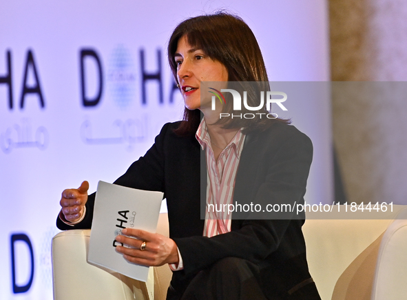 Marie Forestier, Senior Advisor at the European Institute of Peace, takes part in a panel discussion during the Doha Forum 2024 at the Shera...