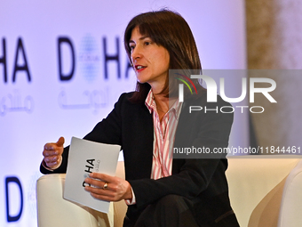 Marie Forestier, Senior Advisor at the European Institute of Peace, takes part in a panel discussion during the Doha Forum 2024 at the Shera...