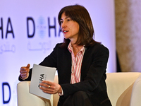 Marie Forestier, Senior Advisor at the European Institute of Peace, takes part in a panel discussion during the Doha Forum 2024 at the Shera...