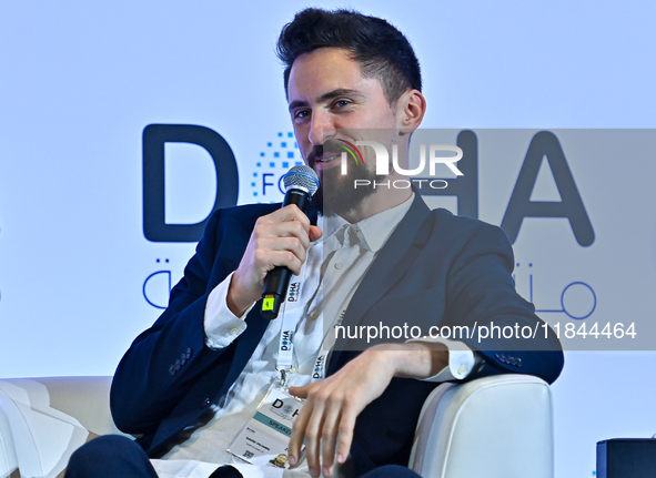 David Vujanic, a content creator, participates in a panel discussion during the Doha Forum 2024 at Sheraton Grand Doha Resort & Convention H...