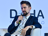 David Vujanic, a content creator, participates in a panel discussion during the Doha Forum 2024 at Sheraton Grand Doha Resort & Convention H...