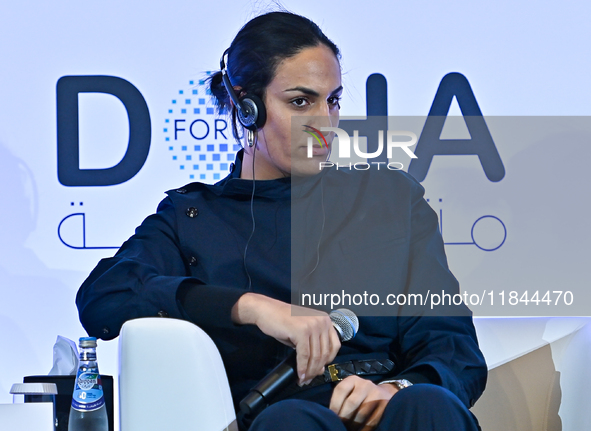 Imane Khelif, a professional boxer from Algeria, takes part in a panel discussion during the Doha Forum 2024 at Sheraton Grand Doha Resort &...