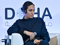 Imane Khelif, a professional boxer from Algeria, takes part in a panel discussion during the Doha Forum 2024 at Sheraton Grand Doha Resort &...