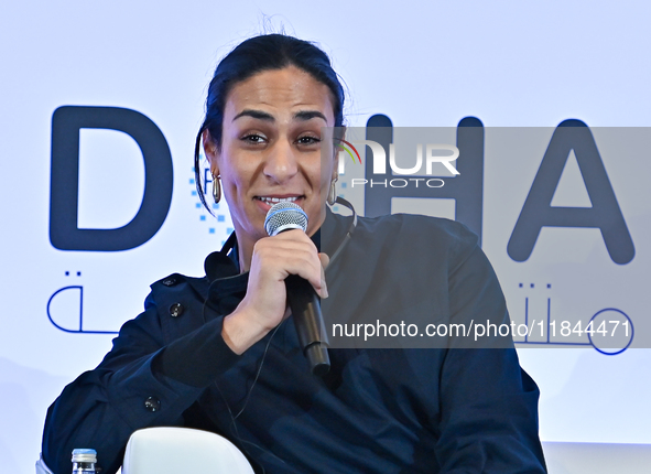 Imane Khelif, a professional boxer from Algeria, takes part in a panel discussion during the Doha Forum 2024 at Sheraton Grand Doha Resort &...