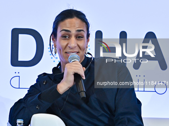 Imane Khelif, a professional boxer from Algeria, takes part in a panel discussion during the Doha Forum 2024 at Sheraton Grand Doha Resort &...