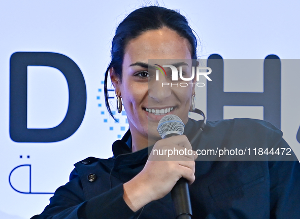 Imane Khelif, a professional boxer from Algeria, takes part in a panel discussion during the Doha Forum 2024 at Sheraton Grand Doha Resort &...